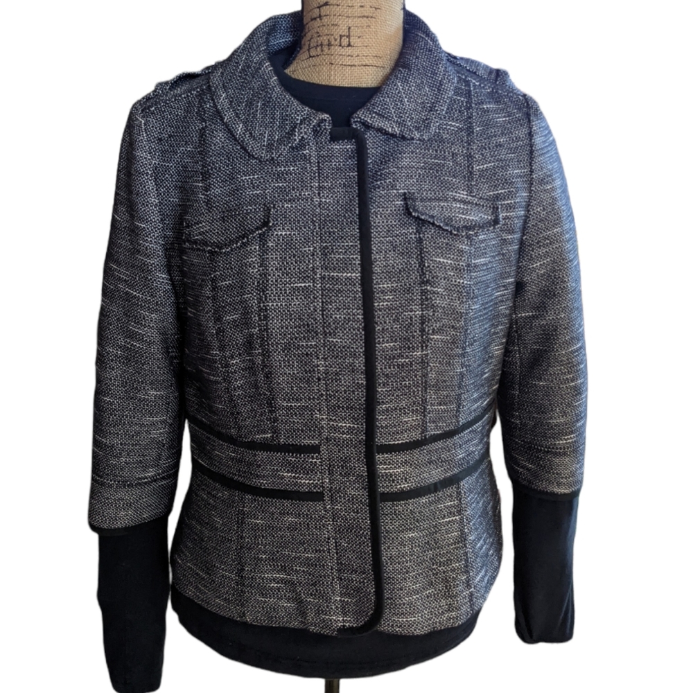 14P Black White Tweed Fitted Blazer 3/4 Sleeve Contrast Trim Abstract Stripe